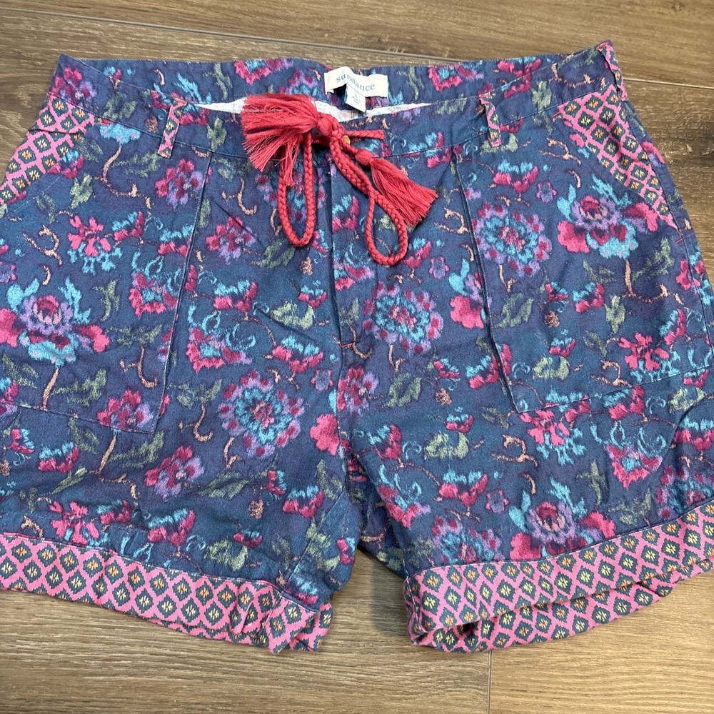 Sundance Linen Cotton Kalini Shorts L Blue Purple Boho Coastal Natural Fibers